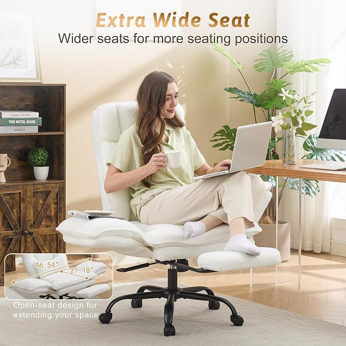 Wider Seat Office Chair with Flip Armrests for Criss Cross Legged&Cats, Big and Tall Executive Ergonomic Reclining Chair with Footrest&Lumbar Pillow, Teddy Fleece Desk Chair,White Vanity Chair