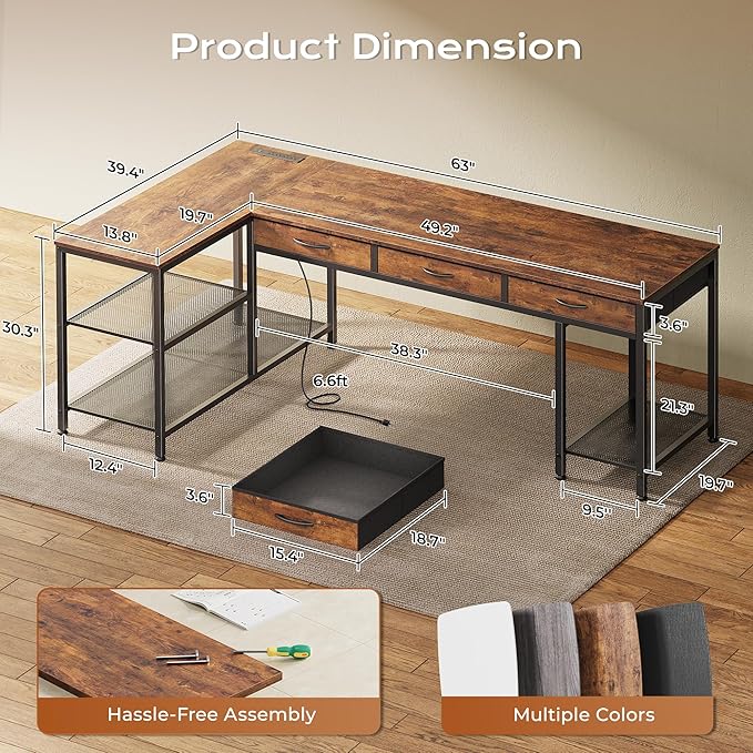 63 Inch L Shaped Office Desk with Power Outlets and Type-C Port, Large Computer Gaming Desk with 3 Fabric Drawers, Mesh Shelves, Corner Study Work Writing Desk, Rustic Brown
