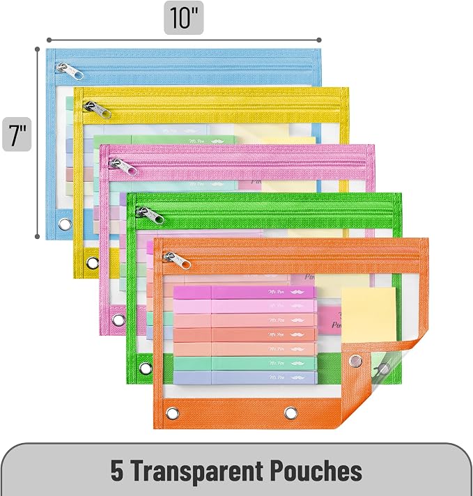 Mr. Pen- Pencil Pouch for 3 Ring Binder, 5 Pack, 10"x7", Smooth Zipper | Clear Window, Large Capacity Pencil Case with 3 Reinforced Grommets for School, Office, Supplies Storage | Clear Window, Large Capacity Pencil Case with 3 Reinforced Grommets for ...