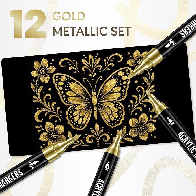 Pagather Gold Acrylic Paint Markers, 12 Dual Tip with Fine Tip and Brush Tip Pens for Fabric, Stone, Wood, Canvas, Ceramic, Metal, Glass, Rock Painting, DIY Crafts