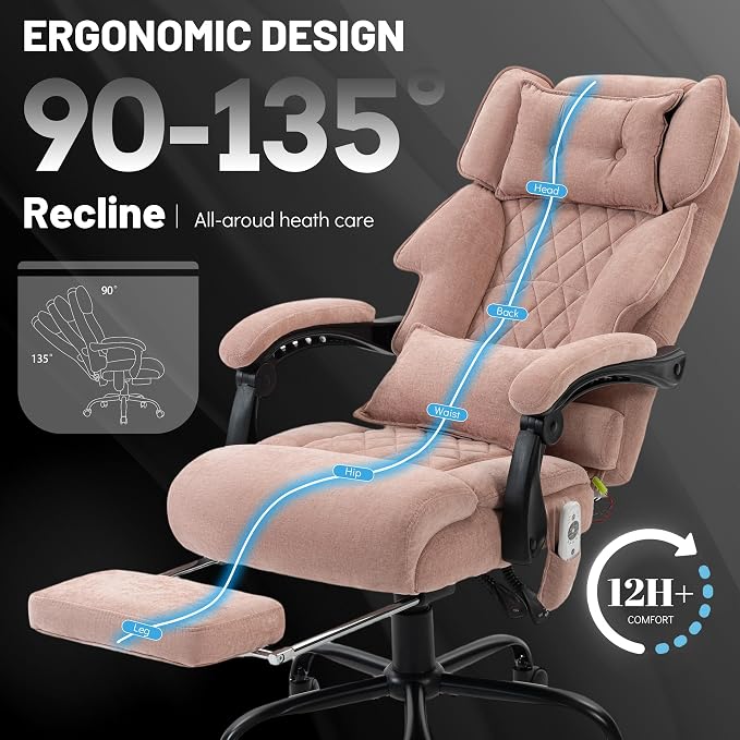 Massage Office Chair with Foot Rest,6 Points Vibration & Heat Executive Office Chairs for Heavy People,500LBS Big and Tall Office Chair,Ergonomic Reclining Desk Chair, PinkCloth