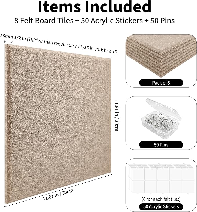 1/2'' Thick Felt Bulletin Board Squares, Dartboard Wall Protector | 1700g/m² Ultra-Dense Felt Panels for Walls, Self Adhesive, Frameless, Modular, Renter Friendly, Removable, 8 Pack 12'' x 12''