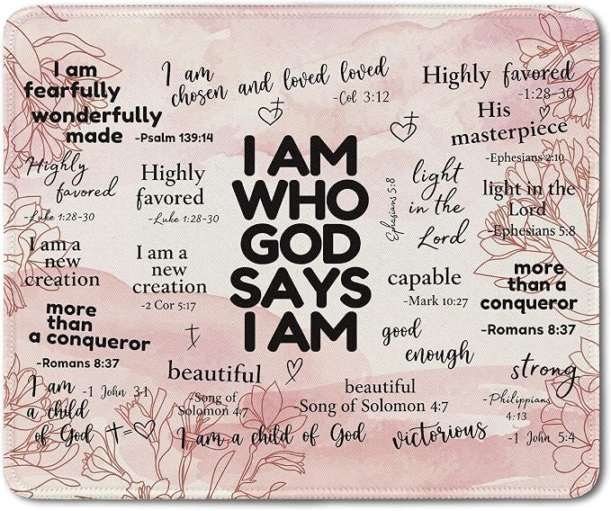 Inspirational Christian God Says I Am Mouse Pad, Pink Floral Bible Verse Affirmation Mouse Pads Mousepad for Home Office Dorm Computers Laptop Supplies Desk Accessories, 9.5x7.9 Inch
