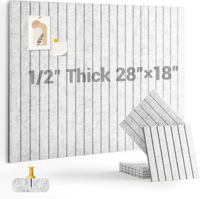 28" x 18" Felt Bulletin Board Tiles 1/2" Thick, Light Gray | 6 Pack Felt Tiles, Large Cork Board Alternative, 30 Adhesive Tabs, Pin Board for Home Office Decor with Easy Install