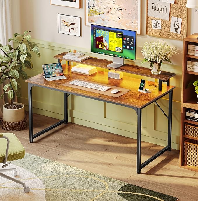 40 inch Gaming Desk, LED & Outlets, Monitor Stand, Rustic Brown | Sturdy PC Desk for Home Office, Study & Work, LED Lights, 4 AC Outlets & USB-C Charging Station