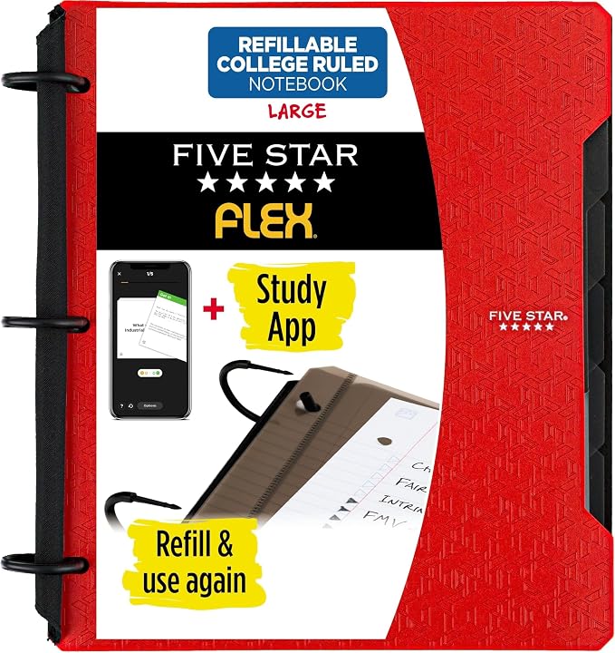 Five Star Flex Refillable Notebook + Study App,College Ruled Paper and 1 Inch TechLock Ring Binder with Pockets,Tabs and Dividers,200 Sheet Capacity,Fire Red (29328AB2),(Pack of 6)