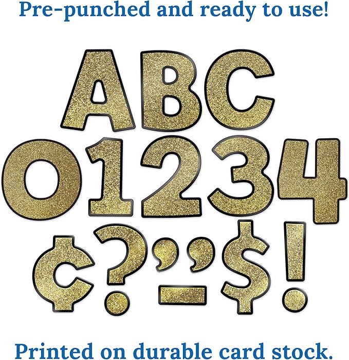 Carson Dellosa 219 Piece 4 Inch Gold Glitter Bulletin Board Letters for Classroom, Alphabet Letters, Numbers, Punctuation & Symbols, Cut Out Letters for Bulletin Board