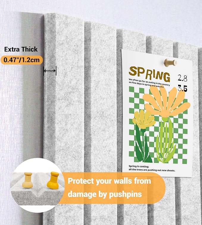 28" x 18" Felt Bulletin Board Tiles 1/2" Thick, Light Gray | 6 Pack Felt Tiles, Large Cork Board Alternative, 30 Adhesive Tabs, Pin Board for Home Office Decor with Easy Install