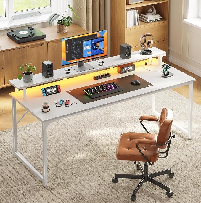 55 inch Gaming Desk, LED & Power Outlets, Monitor Stand, White | Sturdy PC Desk for Home Office, Study & Work, LED Lights, 4 AC Outlets & USB-C Charging Station
