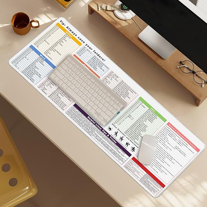 White Design Excel Cheat Sheet Desk Pad, 31.5"x11.8", Waterproof Extra Large Excel Shortcut Mat with Stitched Edges, Anti-Slip Excel Mouse Pad for Office Desk, MS Excel/Word Shortcuts