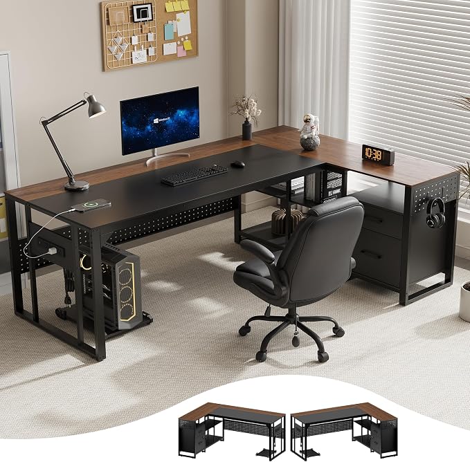 MALOL 70.3" L-Shaped Office Desk, Reversible L-Shaped Computer Desk with Power Outlet, Large Executive Desk with Locked File Drawers & Storage Shelves, Pegboard, Mobile CPU Stand, Modern Corner Desk