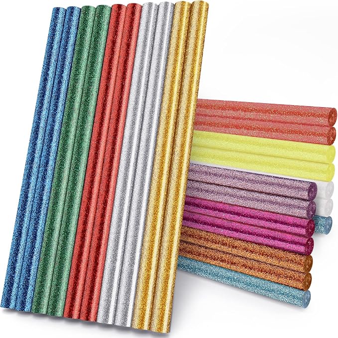 Glitter Hot Glue Sticks Full Size, Manarty 8" Long x 0.43" Dia Color Hot Melt Glue Sticks Bulk, Craft Adhesive Waxing Sticks Standard for Cards, Sealing, Holiday Decoration, Art, DIY, Stamp, 24 PCS