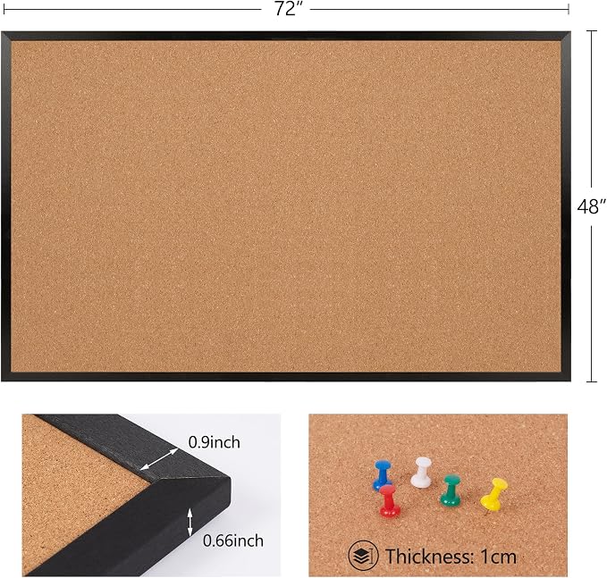 Extra Large Cork Bulletin Board 72" X 48", Black Wood Framed 6'x4' Corkboard for Wall, Wall Mounted Notice Pin Board with 18 Push Pins for School, Home & Office