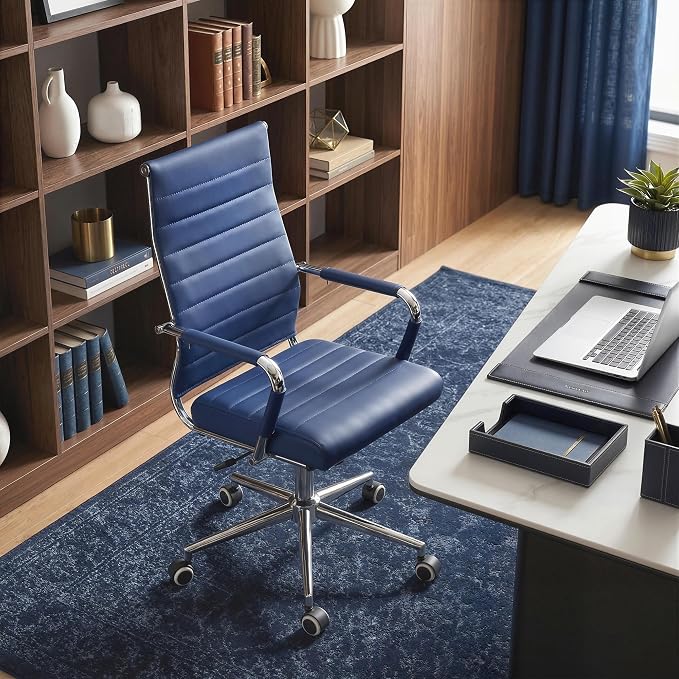 Okeysen Office Desk Chair, Ergonomic Leather Modern Conference Room Chairs, Executive Ribbed Height Adjustable Swivel Rolling Chair for Home Office Set of 2. (Blue)