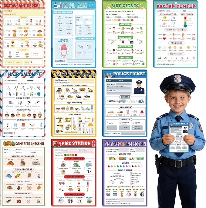 TICIAGA Kids Pretend Play Notepads - 10PCS 4x6 In Playtime Pad Included Restaurant Police Vet Doctor Salon Camp Vehicle Notepad 30 Page Pretend Notebook Imaginative Role for Toddler Kid Play Game, Boy