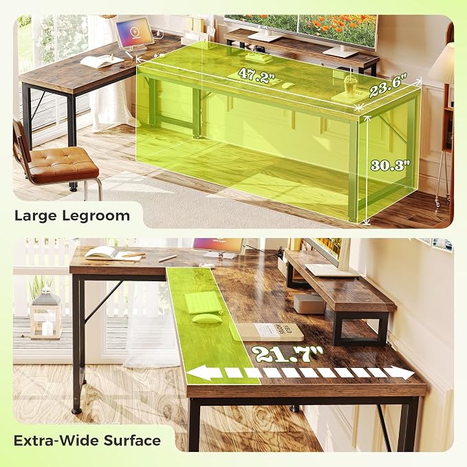 61" L Shaped Computer Desk, Outlets, Monitor Stand, Rustic Brown | USB-C Ports, Reversible Charging Station, Spacious Desktop & Legroom, 0.94 Inch Thick Desktop, for Gaming, Study & Work