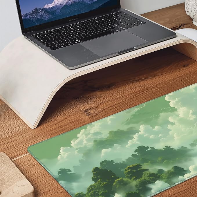 Green Forest Mouse Pad,Large Misty Mountain Nature Deskmat,31.5x12in | Extended Gaming Aesthetic Office Desk Decor Micro Woven Cloth Mouse Mat with Non-Slip Base and Stitched Edge,80x30 cm
