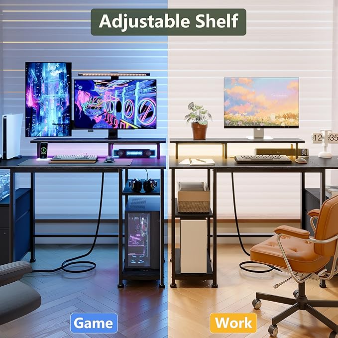 Furologee 51" Gaming Desk with Power Outlets & LED Lights, Reversible Computer Desk with File Cabinet & Monitor Stand for Home Office, Large Work Table with Storage Shelves & Drawer, Black