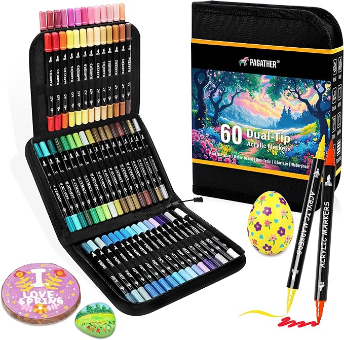 60 Colors Acrylic Paint Markers, Dual Tip with Fine Tip and Brush Tip Pens for Stone, Wood, Calligraphy, Canvas, Ceramic, Metal, Glass, Rock Painting, DIY Crafts Art Supplies Kit