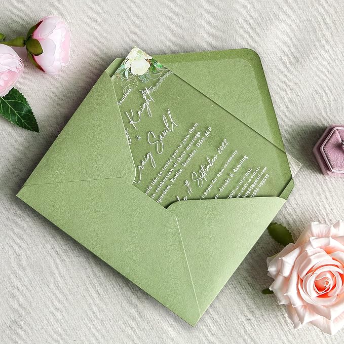 PONATIA 50 PCS/Pack A7 Envelopes, 5.25 x 7.25'' Sage Green Envelopes For 5 x 7'' Weddings Invitation Cards, Christmas Gift Cards, Acrylic Invitations, Photos and Any 5x7 Inserts