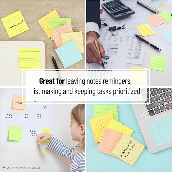 Mr. Pen- Lined Sticky Notes, 3" x 3", 6 Pads, 45 Sheets/Pad | Sticky Notes with Lines, Ruled Post Stickies, Memo Pads, Self-Stick Note Pad for Office, School, Home, Study & Organization