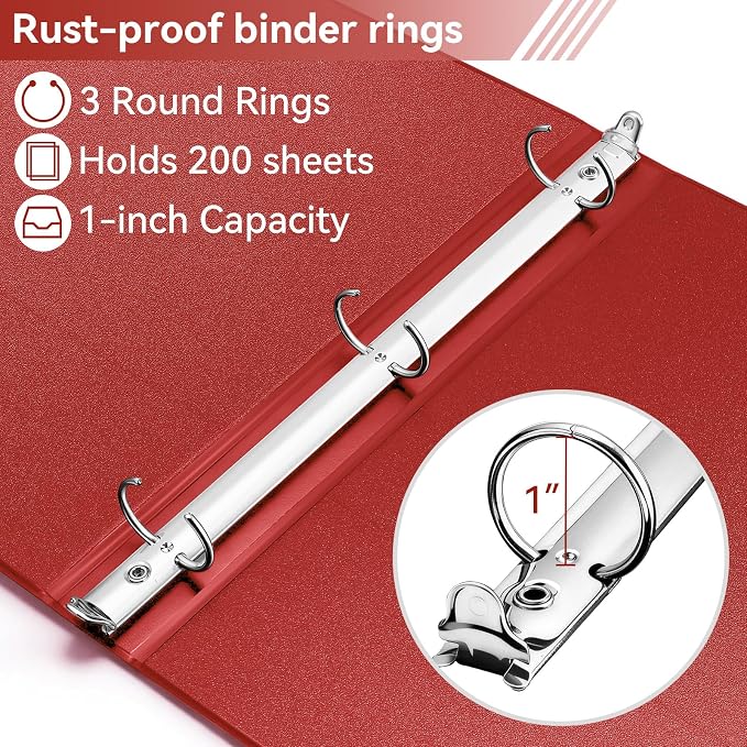 SUIN 1 Inch 3 Ring Binder, Clear 1'' View Presentation Binders with 2 Pockets, Fits 8.5 x 11 Letter Size, Durable Polypropylene, Non-Stick & PVC-Free for School, Office & Home (Red)