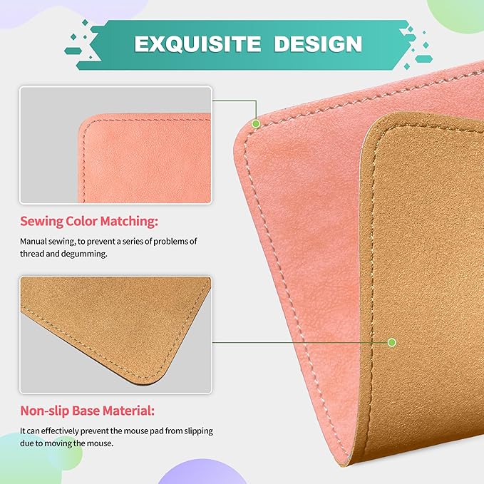 PU Leather Mouse Pad With Stitched Edge, Micro-Fiber Base, Non-Slip Waterproof for Computers, Laptop, 8x11 Inch (Pink)