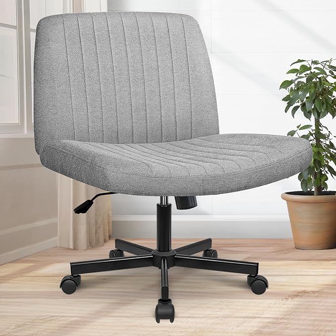 Orange Factory Criss Cross Chair Wheels Wide Cross Legged Office Desk Vanity Chair Comfy Fabric Armless Adjustable Swivel for Home Computer Task (Grey Wheel, Fabric)