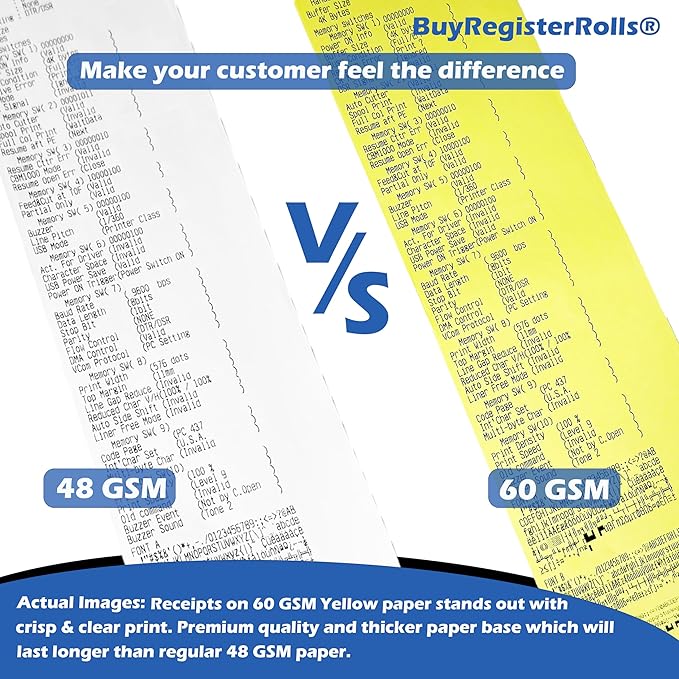 (32 Rolls) 3 1/8 x 230 Yellow Thermal Paper Receipt Rolls (55GSM Paper Thickness) fits all Clover POS Cash Register Printers from BuyRegisterRolls
