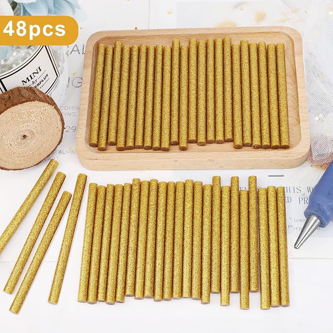 Manarty Glitter Gold Hot Glue Stick, 48 PCS 0.27" Dia x 4" Long Mini Hot Melt Glue Sticks Colored, Adhesive EVA Glue Sticks Standard for Sealing Repairing Stamp DIY Art Handmade Car Craft Decoration