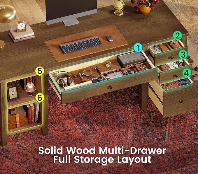 SEDETA Solid Pine Wood Computer Desk, 58'' Executive Home Office Desk with 4 Wood Drawers and Storage Shelves for Work Study Writing, Brown