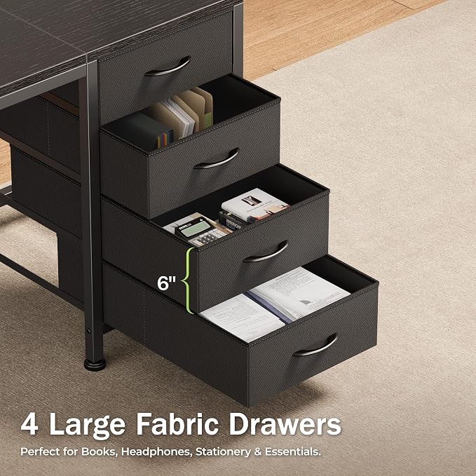 39.4 Inch Computer Office Desk with Power Outelts and USB-C Port, Reversible Gaming Desk with 4 Fabric Drawers, Work Study Desk Work from Home, Black