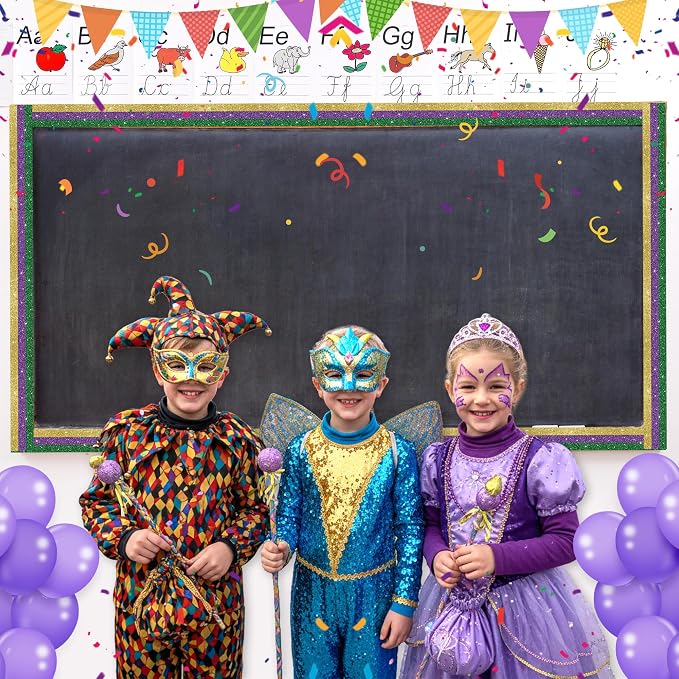 BeYumi Mardi Gras Border Trim - 65ft Mardi Gras Straight Rolled Border Trim Classic Glitter Yellow Purple Green Bulletin Board Set Carnival Holiday Masquerade Party School Classroom Home Wall Decor