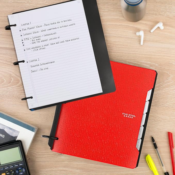 Five Star Flex Refillable Notebook + Study App, College Ruled Paper and 1-1/2 Inch TechLock Ring Binder with Pockets, Tabs and Dividers, 300 Sheet Capacity, Fire Red (29324AB2) (Pack of 6)