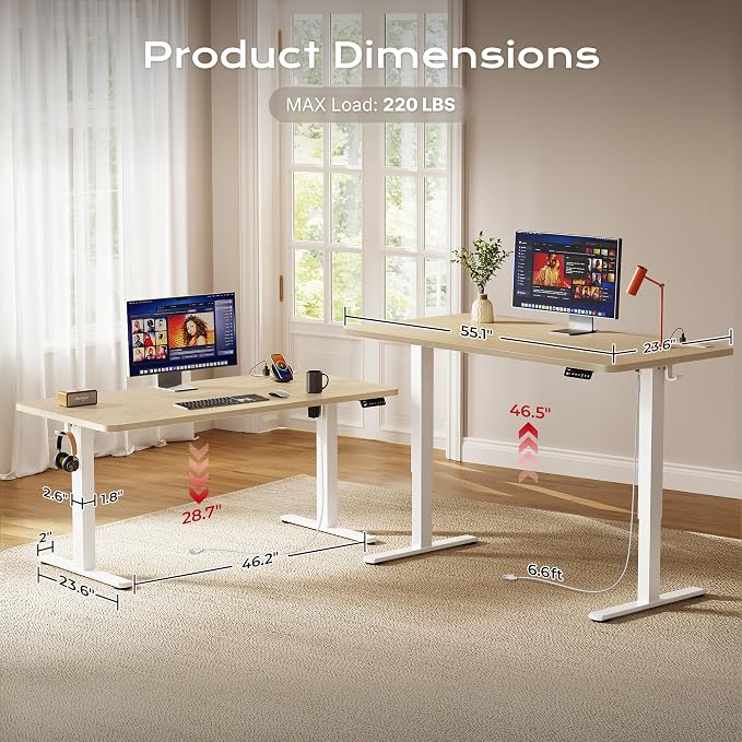 Huuger Electric Standing Desk with Power Outlets and USB-C Port, 55 X 24 Inch Height Adjustable Desk, Sit Stand Desk for Home Office, Computer & Gaming Desk with 4 Presets, Stable Steel Frame, Marple