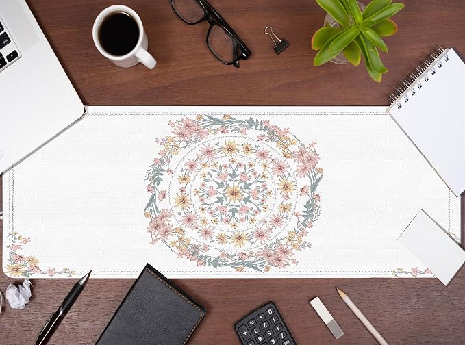 Boho Mouse Pad Mandala Desk Mat, Spring Summer Mouse Pad for Desk Large, Boho Desktop Mats Aesthetic French Countryside Computers Pads for Desk Office Dorm Women 31.5x11.8
