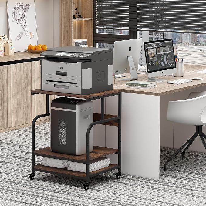 Fannova Large Printer Stand Table with Height Adjustable Storage Shelf | 23.6"x18.9"x30", Metal Frame, Industrial Wheels, 3 Tier Rolling 3D Printer Cart for Home Office Organization, Rustic Brown