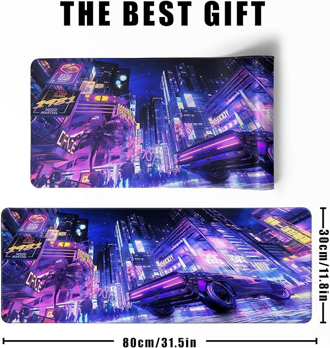 Extended Large Mouse Pad, XL Gaming Mousepad 31.5 x 11.8 Inch,Full Desk Keyboard Mat with Stitched Edges Big Computer Keyboard Desk Pad for Gaming Office, Futuristic Neon City