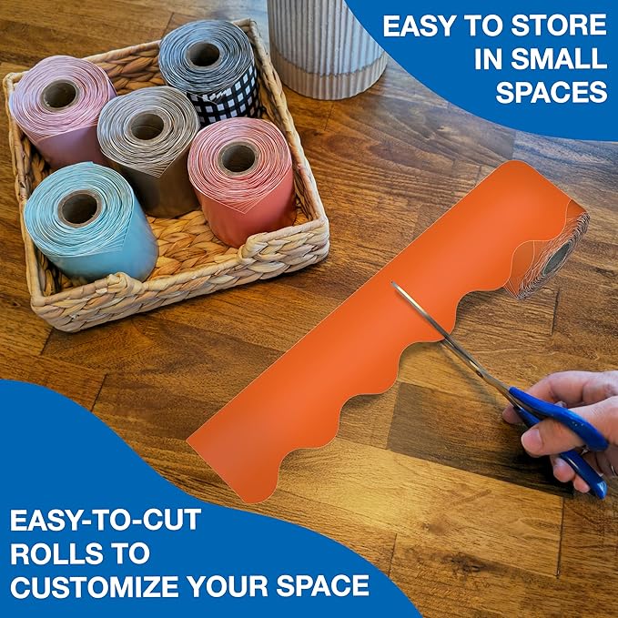 Carson Dellosa Education 65Ft of Orange Bulletin Board Borders, 1 Roll of Scalloped Trim for Rolling Whiteboard, Cork and Posterboard, Halloween, Party Decorations, and Classroom Decor