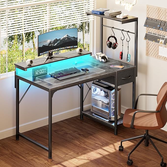 39.4 Inch Gaming Desk with LED Lights & Power Outlets | Small Computer Desk with Drawer & Storage Shelves, Office Writing Desk with Monitor Stand for Work from Home, Grey