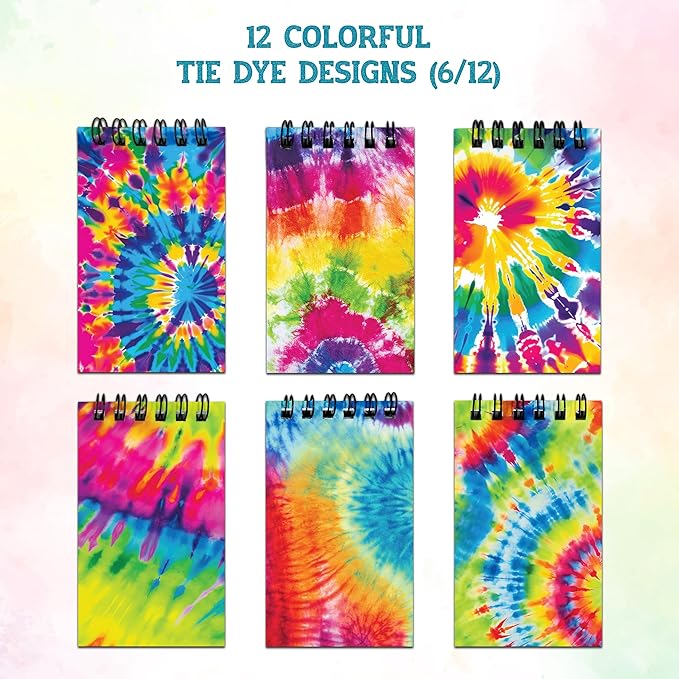 Decorably 24 Pack Spiral Tie Dye Party Favors for Kids 8-12 - 12 Colorful Designs 2.4x4in Small Notebook, Spring-Bound with 20 Sheets - Gifts for Birthday, Baby Shower, Children's Party, School