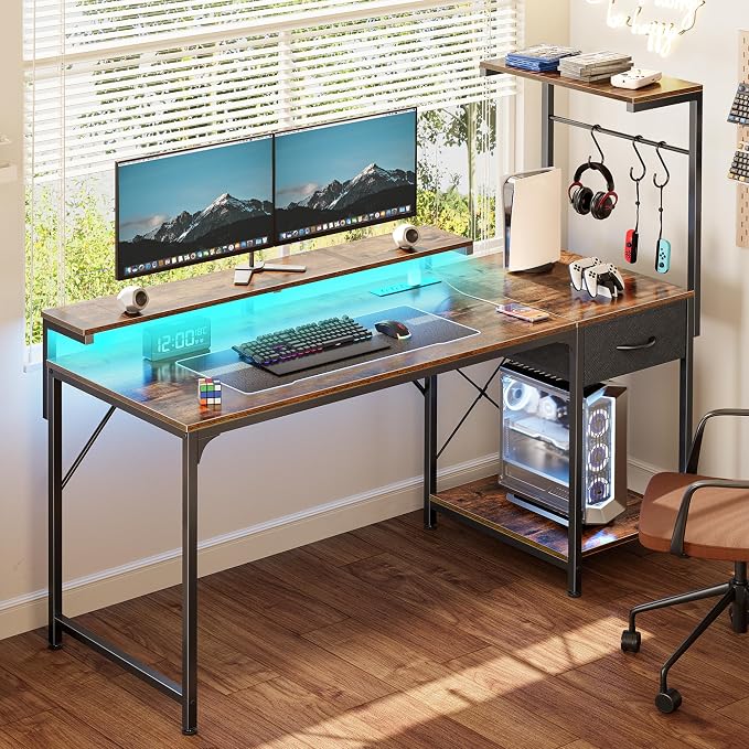 55.1 Inch Gaming Desk with LED Lights & Power Outlets | Computer Desk with Drawer & Storage Shelves, Office Writing Desk with Monitor Stand for Work from Home, Rustic Brown
