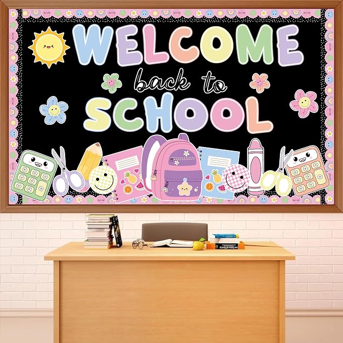 Welcome Bulletin Board Set Boho Back to School Classroom Decoration Welcome Back Bulletin Board Pencil Notebook Smile Face Cutouts for First Day of School Wall Chalkboard Classroom Decor
