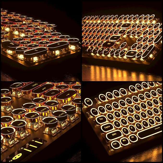 MageGee Typewriter Mechanical Gaming Keyboard, Retro Round Golden Electroplated Keycaps, LED Orange Backlit Wired Keyboards for Laptop PC Gamer, with Magnetic Wrist Rest, Metal Panel, Blue Switch