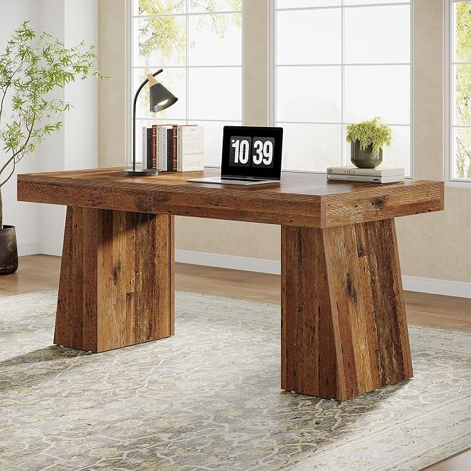 Tribesigns 55" Executive Desk, Wooden Office Desk with Double Pedestal, Modern Simple Computer Writing Table for Home Office, Mix Brown