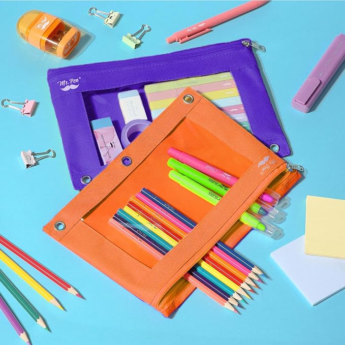 Mr. Pen- Pencil Pouch for 3 Ring Binder, 2 Pack, 10"x6.75", Smooth Zipper | Clear Window, Large Capacity Pencil Case with 3 Reinforced Grommets for School, Office, Supplies Storage | Clear Window, Large Capacity Pencil Case with 3 Reinforced Grommets f...
