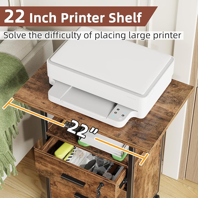 GYIIYUO 2 Wood Drawer Lockable File Cabinet with 22'' Extended Desktop | Mobile Filing Cabinet, Side Bag, Rolling Printer Stand, Fits A4&Letter Size, Home Office, Rustic Brown