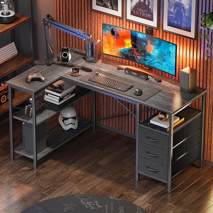 Huuger L Shaped Office Desk with Power Outlets & 3 Drawers | 47 Inch Computer Desk with Shelves, for Gaming, Corner Work, Home Office, Study, Grey