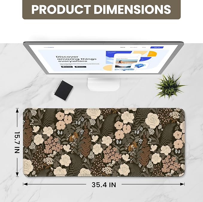 Aesthetic Desk Mat, Cute Wild Rose Desk Pad Protector for Work & Decor, 35.4" x 15.7", Pretty Non-Slip Extended Mouse Pad for Office or Home