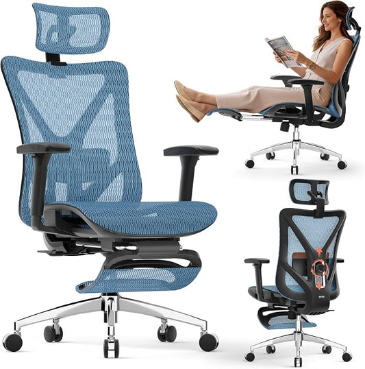 Ergonomic Office Chair - 135° Reclining Desk Chair with Adjustable Lumbar Support, 3D Armrest, Large Headrest & Heavy Duty Steel Base, 300LBS Mesh Task Chair, Navy Blue